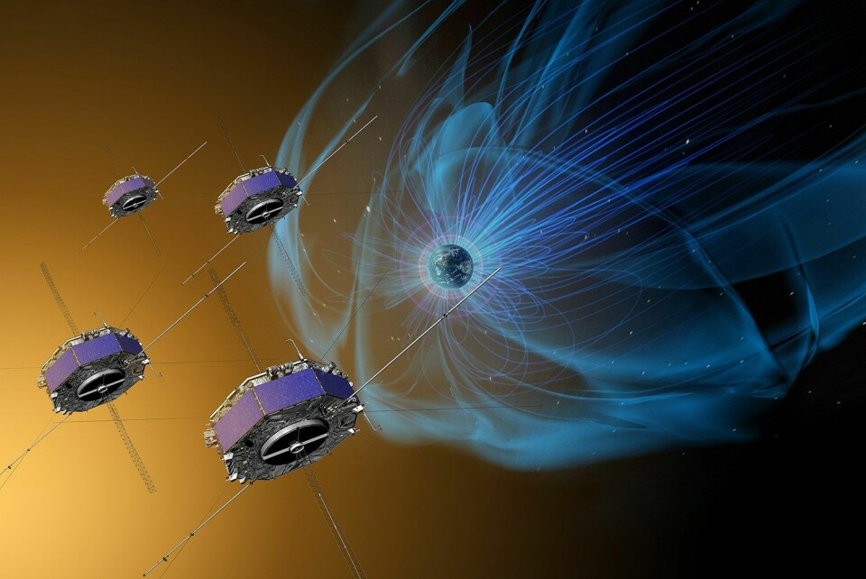Romkrig: Siden i høst har fire NASA-satelitter fulgt den eldgamle kampen mellom magnetfeltene til jorden og solen – og magnetskjelvene striden iblant fører med seg. Foto: NASA