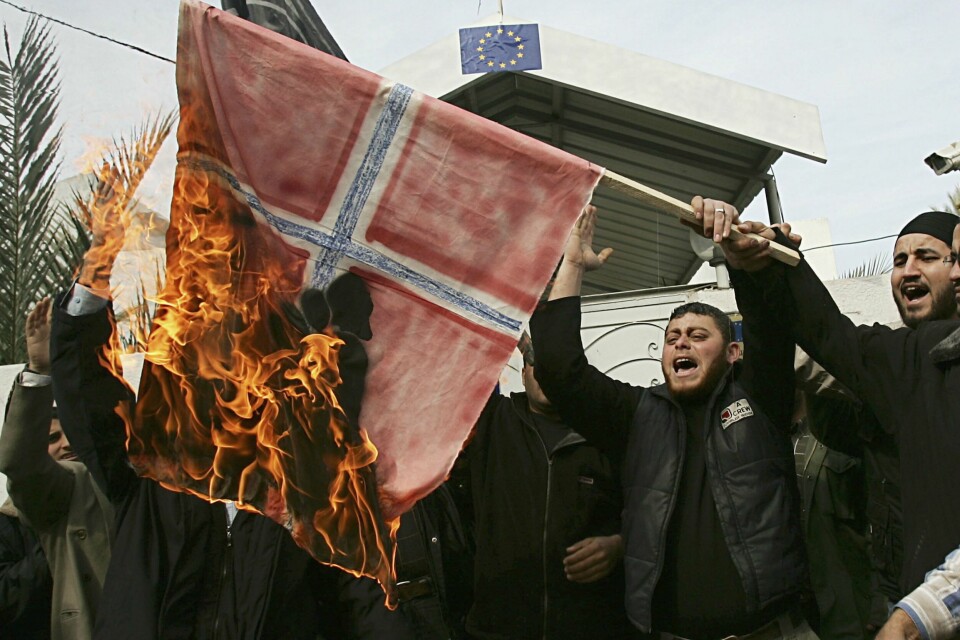 Karikaturstriden, 2006: Palestinere i Gaza demonstrerer mot trykkingen av karikaturer av profeten Muhammed. Foto: Abid Katib/Getty Images