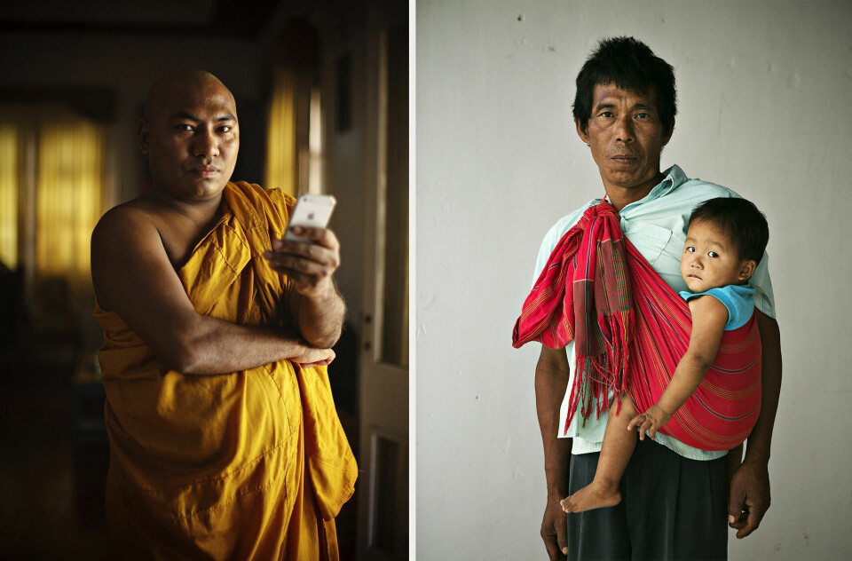 Stemmer fra Myanmar: Ashin Kumara er buddhistmunk. Ndau Gam og datteren Bawk Sam er internflyktninger. Foto: Jo Straube