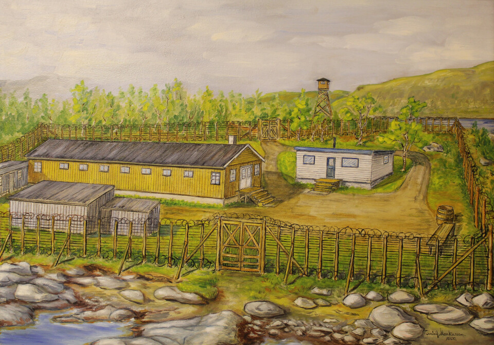 Sydspissen: Motivet er fra sommeren 1941. Senere ble det bygd nok en fangebrakke og en kommandantbolig. Etter krigen ble synlige spor etter leiren fjernet. Maleriet er av Thorleif Marcussen og henger på Tromsø Forsvarsmuseum.