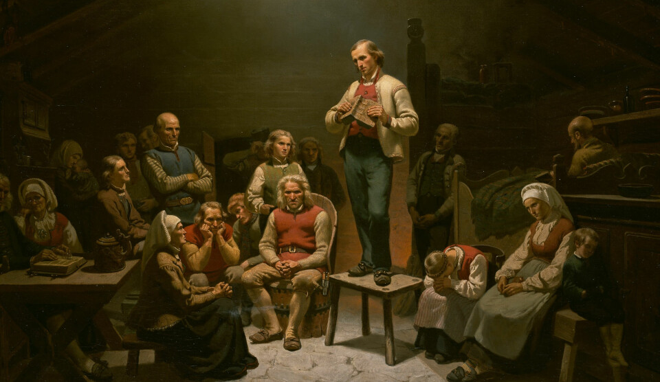 «Haugianerne», måla av Adolph Tidemand. Tidemand arbeidde med motivet i perioden 1845 til 1852, og det finst fleire versjonar av biletet. Wikimedia