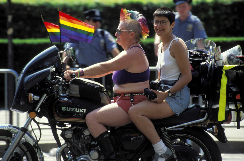 Traktorlesber: Maskulinitet hjå kvinner blir framleis tolka som eit teikn på lesbisk orientering. Her frå ei homo-markering i New York i 1994. Foto: Remi Benali / Gamma-Rapho / Getty Images