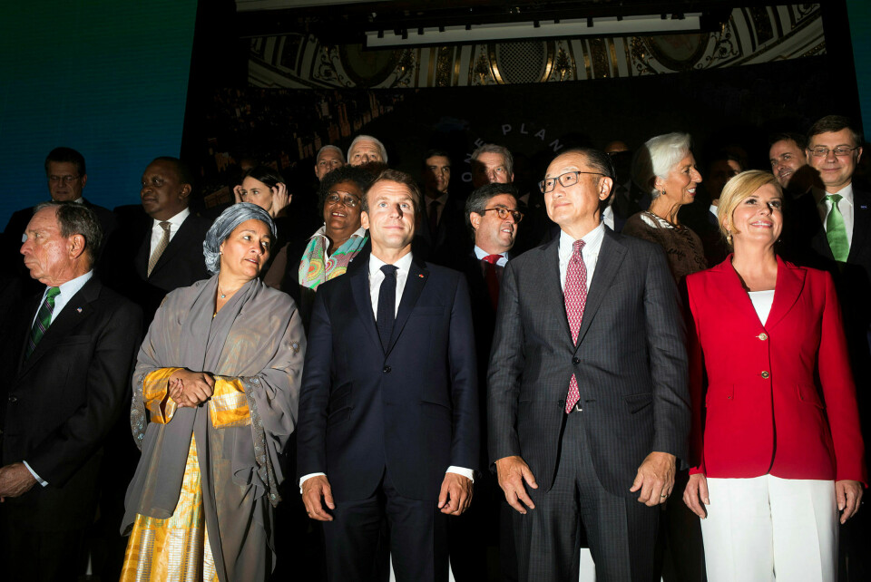 Fra venstre milliardær Michael Bloomberg, FNs nestleder Amina Mohammad, Frankrikes president Emmanuel Macron, President i Verdensbanken Jim Yong Kim og Kroatias president Kolinda Grabar-Kitarovic deltok på Planet One-toppmøtet eller Bloomberg-seminaret. Foto: John Taggart / EPA / NTB scanpix John Taggart / EPA / NTB scanpix