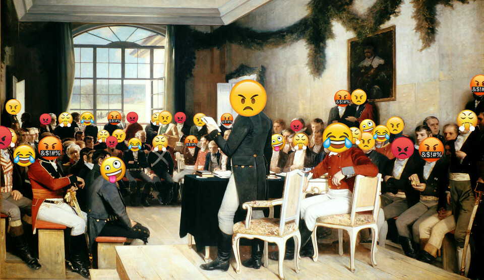 Illustrasjon: Christian Belgaux, basert på Oscar Wergelands maleri Eidsvold 1814 (1882-85)