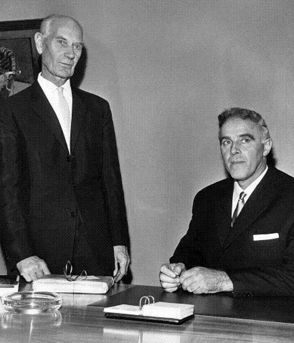 Innførte folketrygd: Per Bortens borgerlige regjering. Her Borten (t.h.) og Einar Gerhardsen i 1965. foto: Scanpix