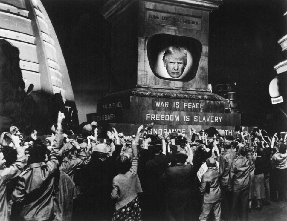 Dystopi: Ordet betyr et oppdiktet skrekksamfunn, blant de mest kjente dystopiske skildringene er George Orwells 1984. I kjølvannet av Donald Trumps valgseier har man fått en bølge av dystopisk litteratur i USA. Fotoillustrasjon: Christian Belgaux, kildefoto: Columbia Pictures, Wiki.