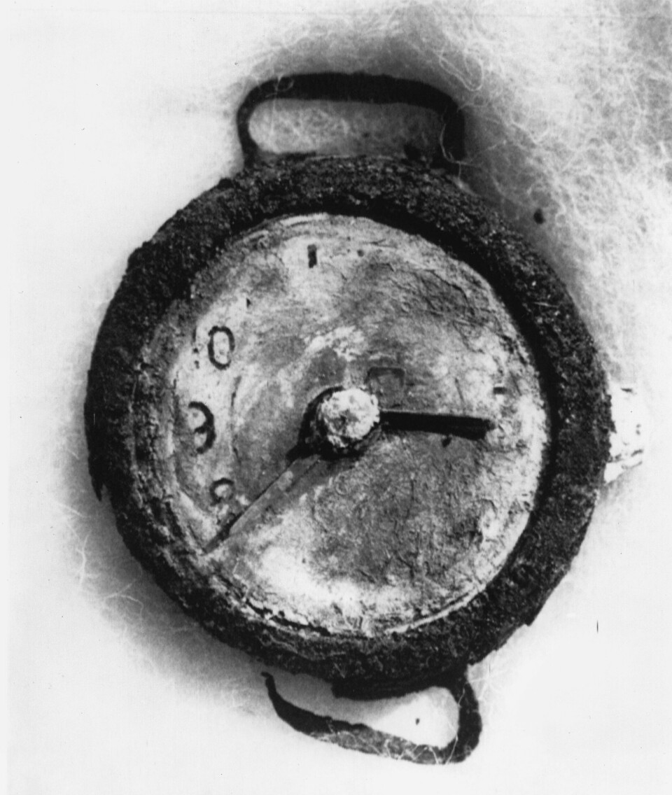 Stanset tiden: En klokke funnet i Hiroshima etter at atombomben traff byen klokken 08.15, 6. august 1945. Foto: Akg-images/NTB Scanpix