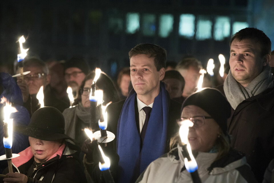 Livssynsdebatt: Knut Arild Hareide har kalla den nye regjeringa «ytterliggående sekulær». Her er KrF-leiaren i fakkeltoget for tros- og livssynsfrihet, Oslo 6. november 2017. Foto: Terje Pedersen / NTB Scanpix