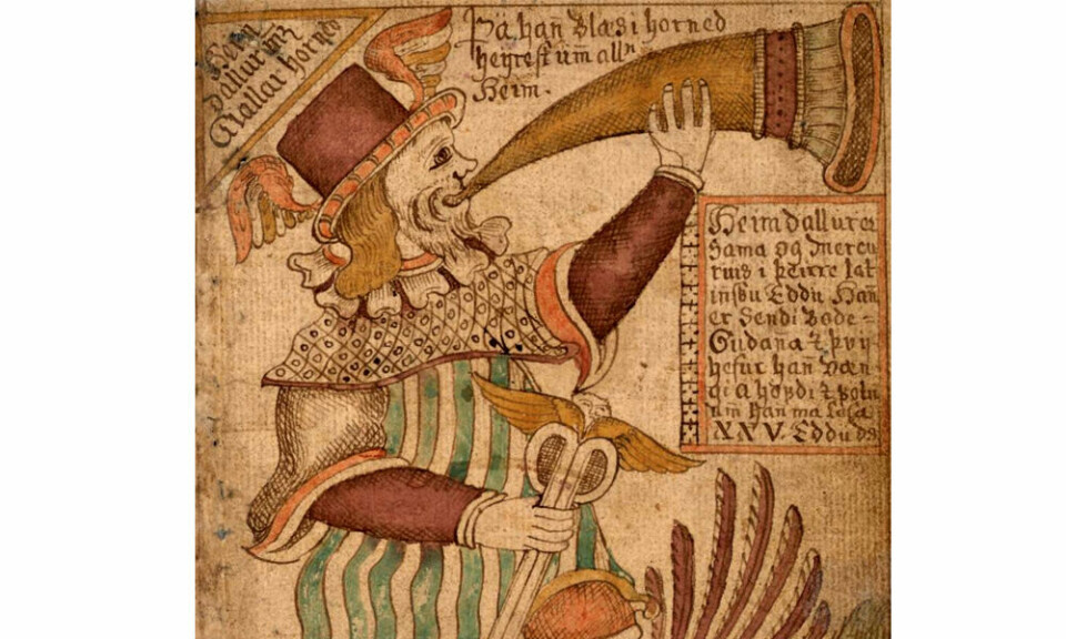 Gjallarhorn: Heimdall med sitt Gjallarhorn. Det skulle varsle æsene dersom det var fare på ferde, som ved Ragnarrok, og havnet aldri på dansk museum. Foto: Wikimedia Commons