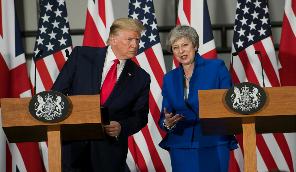 Grått: Den felles pressekonferansen med Donald Trump og Theresa May var preget av matt forsoning. Foto: David Rose / Getty Images