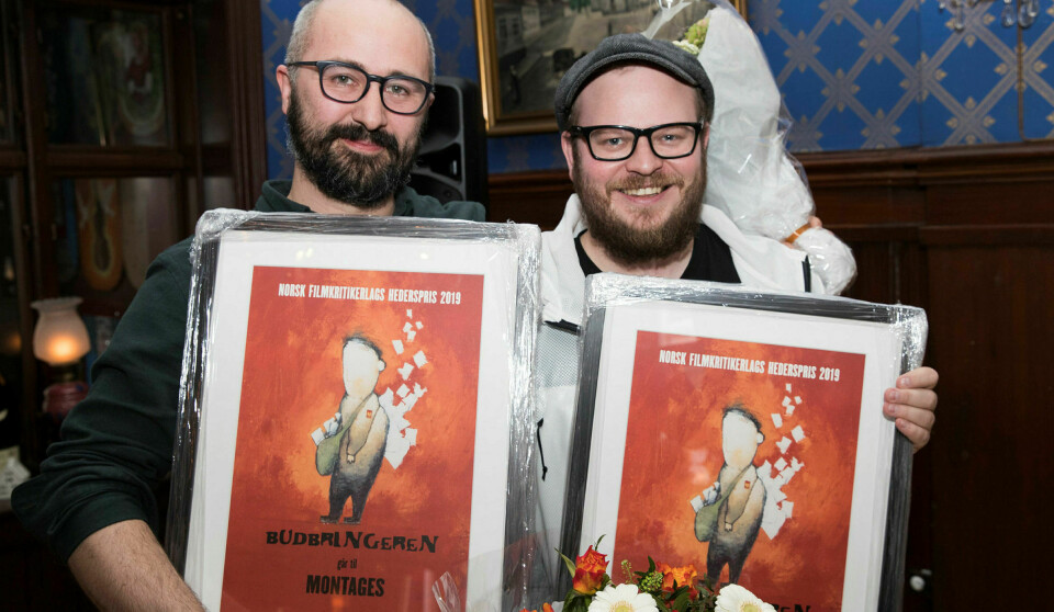Fikk Budbringeren: I mars mottok redaktørene Karsten Meinich og Lars Ole Kristiansen Norsk kritikerlags hederspris for arbeidet med nettmagasinet Montages. Nå står tidsskriftet i fare for å bli nedlagt. Foto: Terje Bendiksby / NTB scanpix