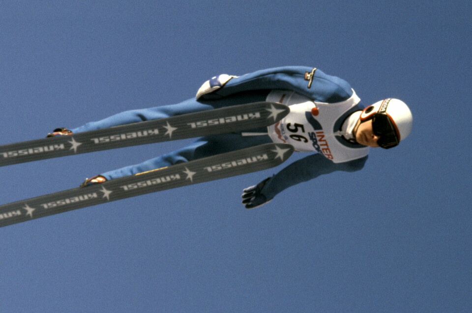 Matti Nykänen i normal bakke under ski-VM i Oslo i 1982. Foto: Erik Thorberg / NTB scanpix