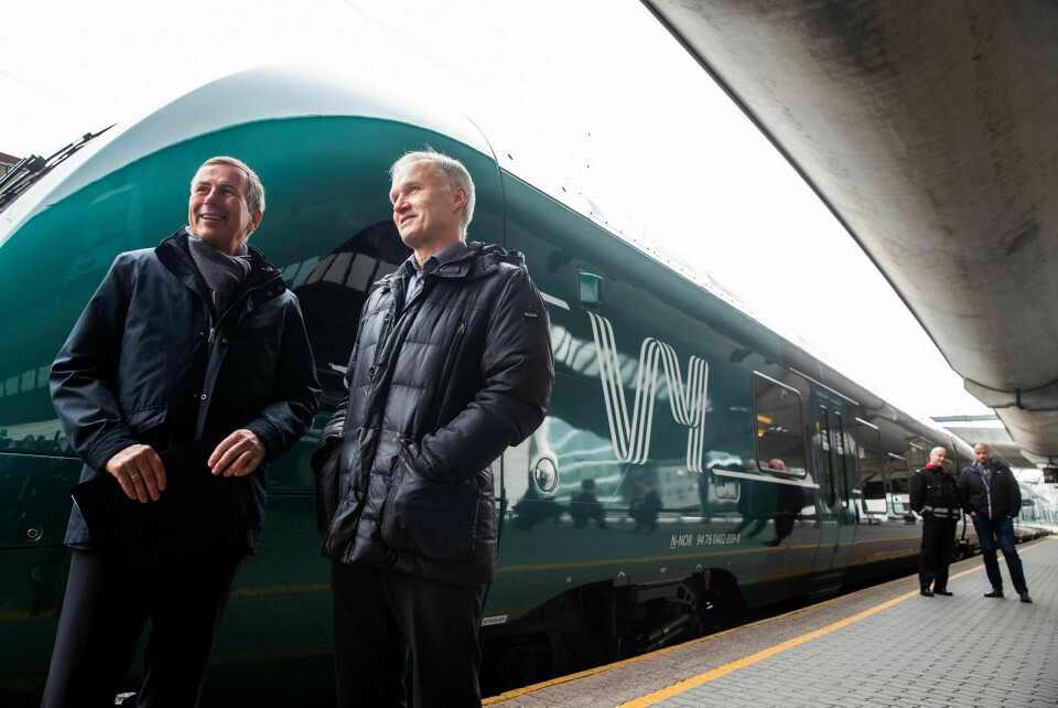 Konsernsjef i NSB (nå Vy) Geir Isaksen (t.h.) og styreleder Dag Mejdell presenterte nytt felles navn for NSB og Nettbuss. De vet hva de gjør. Foto: Berit Roald / NTB scanpix