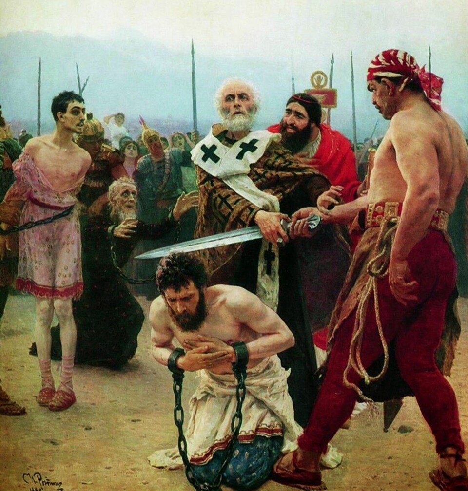 Sankt Nicholas – protoutgaven av nissen – redder tre uskyldige fra døden. Maleri av Yefimovich Repin fra 1888. I dag bør vi håpe Santa Claus er død.