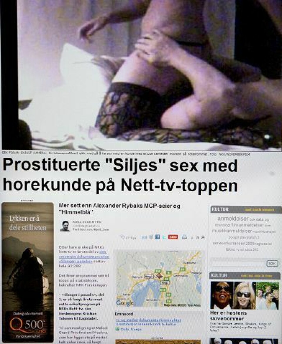 Forkledd totalitarisme: Forbudet mot kjøp og salg av sex har flyttet prostitusjonen vekk fra gata og inn i leiligheter og hotellrom, men den er ikke borte. Bildet er fra Novemberfilms dokumentar Slanger i paradiset. Faksimile fra NRKs nettsider