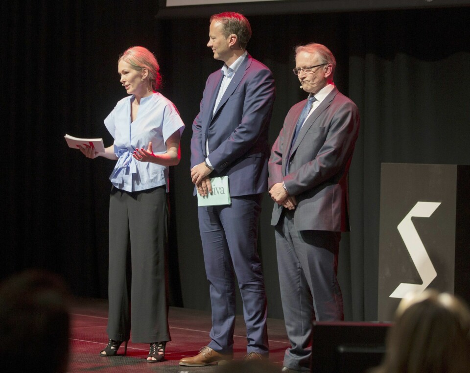 Anitas trio: «Vi må tørre å ta en tydeligere posisjon i verden, sa Anita Krohn Traaseth i Innovasjonstalen 2016, uten at Arvid Hallen fra Forskningsrådet og Espen Susegg fra Siva, Statens industrivekstanlegg, syntes det var det minste rart, i alle fall ikke offentlig. Foto: Innovasjon Norge