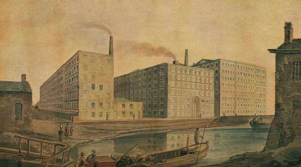 Manchester fra den gangen bomullsindustrien dominerte byen. Fra boken «A Century of fine Cotton Spinning, 1790-1913». Illustrasjon: John W. McConnel / CC