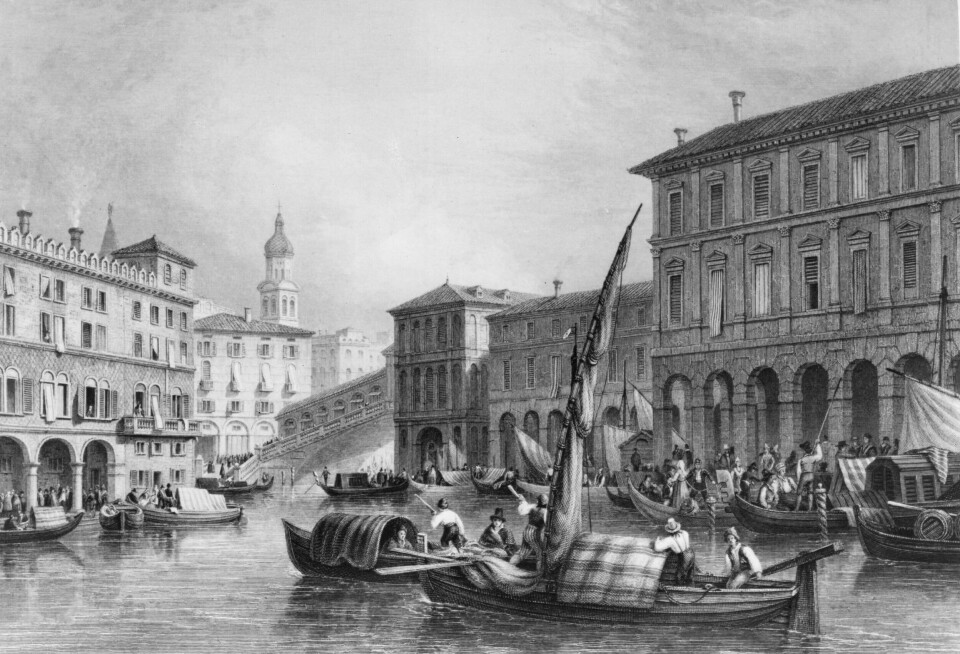 Venezia på på Moderata Fontes tid, slutten av 1500-tallet. I bakgrunnen Rialtobroen som sto ferdig i 1591 – året før Moderata Fonte døde. Tegning av W Brockedon / Hulton Archive / Getty Images