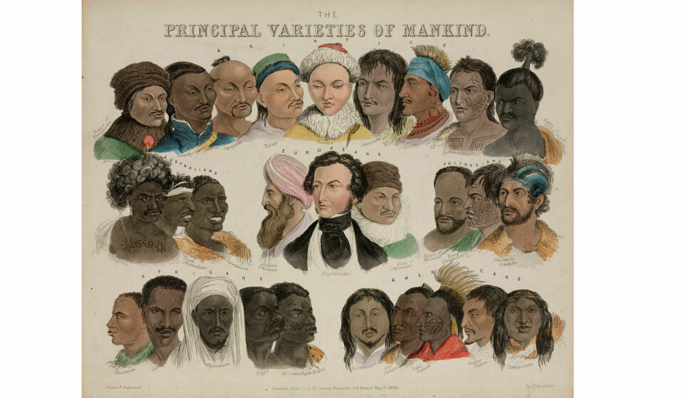 Europeisk blikk: Den britiske kunstneren John Emslies portretter fra midten av 1800-tallet viser regionale og rasemessige forskjeller. Portrettene er gruppert i kategoriene asiater, australiere, europeere, polynesiere, afrikanere og amerikanere, og viser datidens europeiske syn på ulike folkeslag. Science & Society Picture Library/SSPL via Getty Images