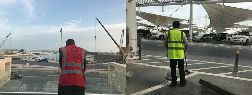 John fra Ghana jobber tolvtimersøkter fem dager i uken, han har fri på fredager og jobber halv dag på lørdager. Mesteparten av lønna på 1100 riyal sender han hjem til kona. Til høyre: Shekhar fra Nepal, som har jobbet i Qatar i fem år. I denne perioden har han vært hjemme hos kona og sønnen (11) én gang. Til høsten får han endelig lov til å besøke familien igjen.