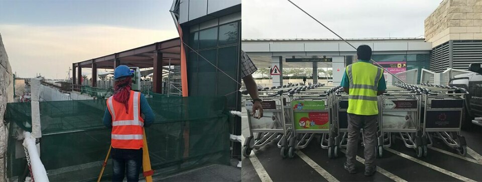 Ananta fra Nepal har jobbet i Qatar i åtte år. Han savner kona og barna, men prøver å ikke tenke for mye på dem. «Jeg blokkerer ut følelsene mine slik at jeg orker å være her», sier han. Til høyre: Babu fra Bangladesh, som har jobbet hver dag siden han kom til Qatar i oktober. Noen ganger blir han beordret til å jobbe doble skift. Månedslønnen er på 750 riyal.