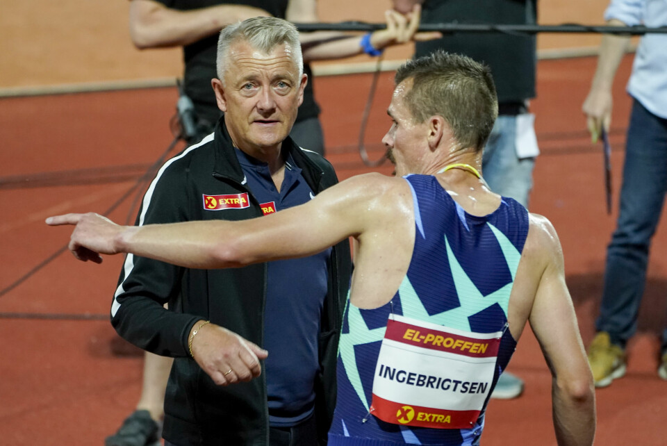 Mandag 24. mars starter rettssaken mot Gjert Ingebrigtsen i Sandnes tingrett. Her: Gjert Ingebrigtsen og Henrik Børkja Ingebrigtsen under Bislett Night of Highlights på Bislett stadion, Oslo 4. juni 2021. Oslo 20210604. Trener Gjert Ingebrigtsen (t.v) og Henrik Børkja Ingebrigtsen under Bislett Night of Highlights på Bislett stadion i Oslo fredag kveld.Foto: Lise Åserud / NTB