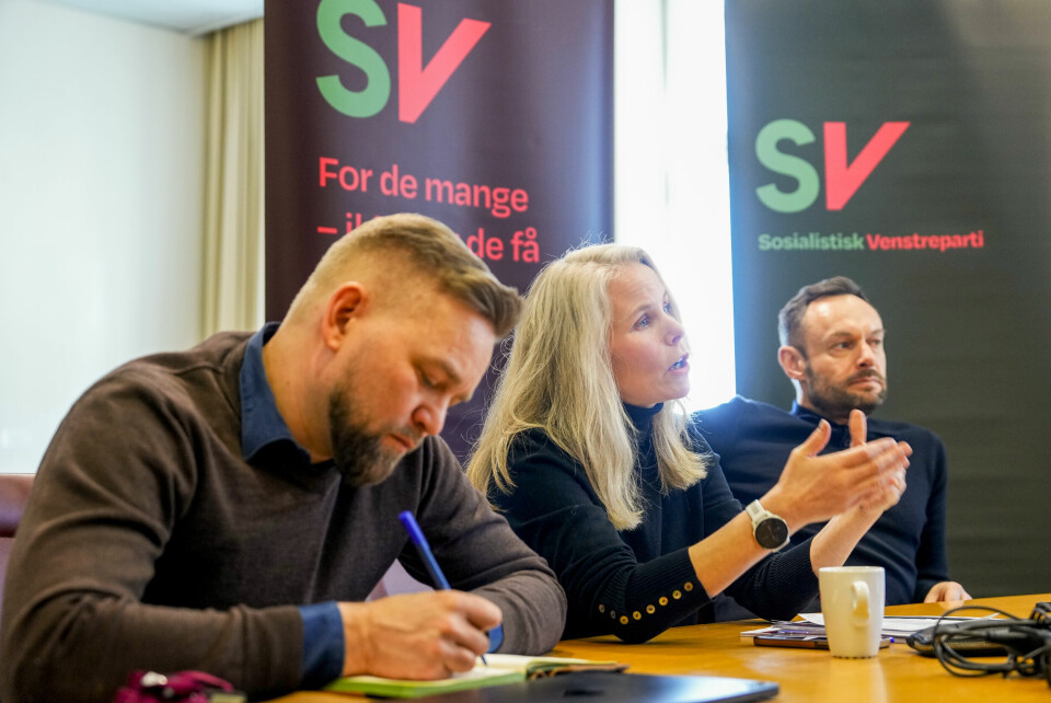 EØS på menyen: Når SV samles til landsmøte i Oslo denne helgen, blir det debatt om partiets syn på EØS-avtalen. Her er partileder Kirsti Bergstø, partisekretær Audun Herning, nestleder Torgeir Knag Fylkesnes på et pressemøte denne uken. x