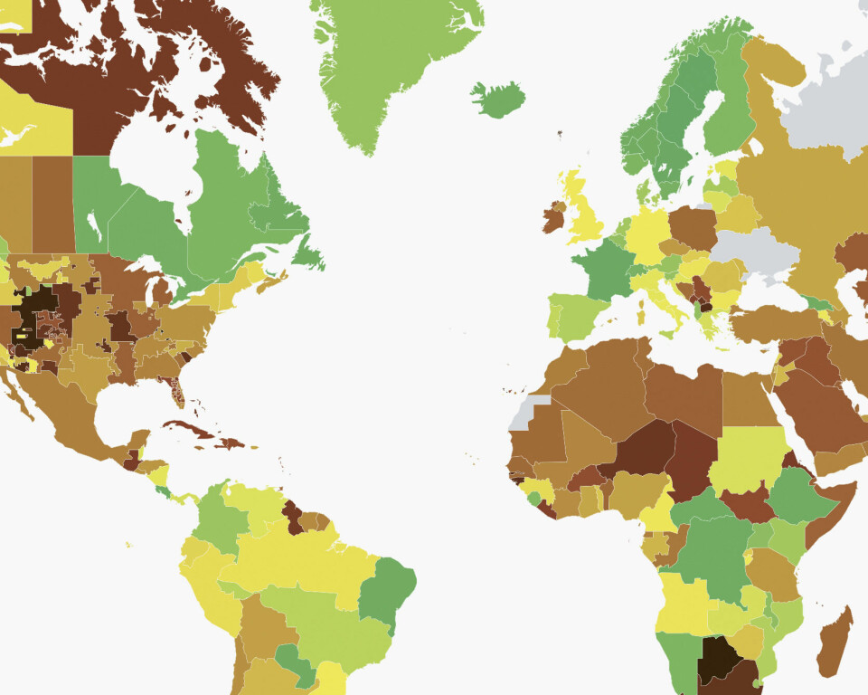 Kraftkart: Electricitymaps.com skiller mellom alle typer energi, hvor hvert land er malt i en farge som viser tilstanden der og da. Sjatteringer av grønt betyr helt fornybar, mens brunfargene viser kraftige karbonavtrykk.